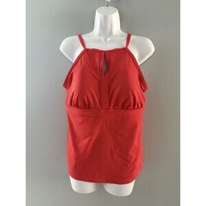 Lands End Womens Swim Top Size 12 Coral Red Tankini High Neck Halter Keyhole